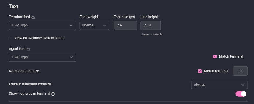 หน้า Settings > Appearance > Text ของ Warp ที่ตั้ง Terminal font และ Agent font เป็น Tlwg Typo